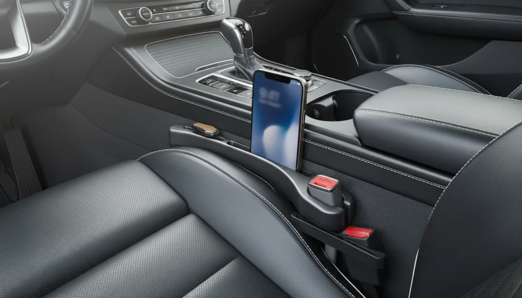 Black SSNNUU car seat gap filler holding a smartphone and key in a modern vehicle interior.