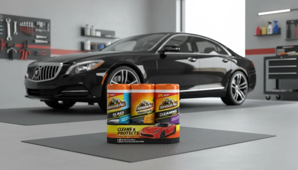 Three containers of Armor All protectant wipes on a mat in front of a glossy black car inside a garage.