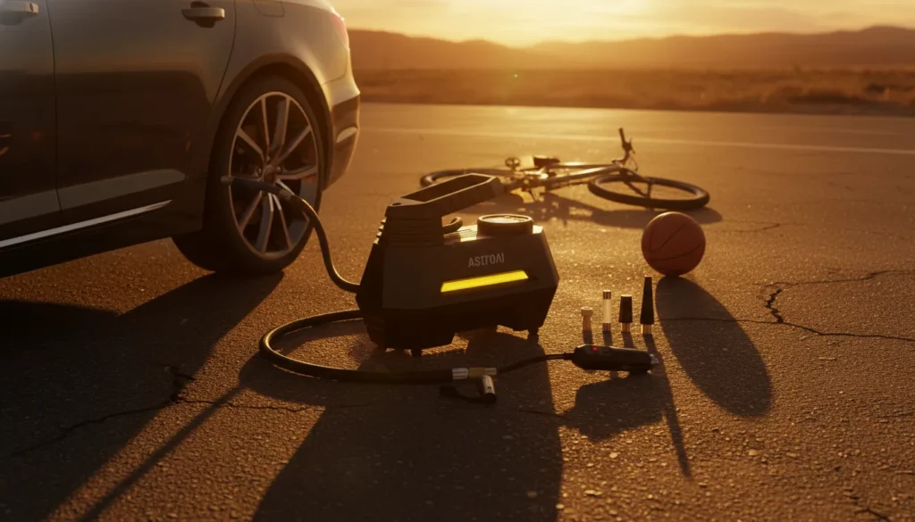 Compressor portátil AstroAI AIRUN H no asfalto, conectado a um pneu de carro durante o pôr do sol dourado.
