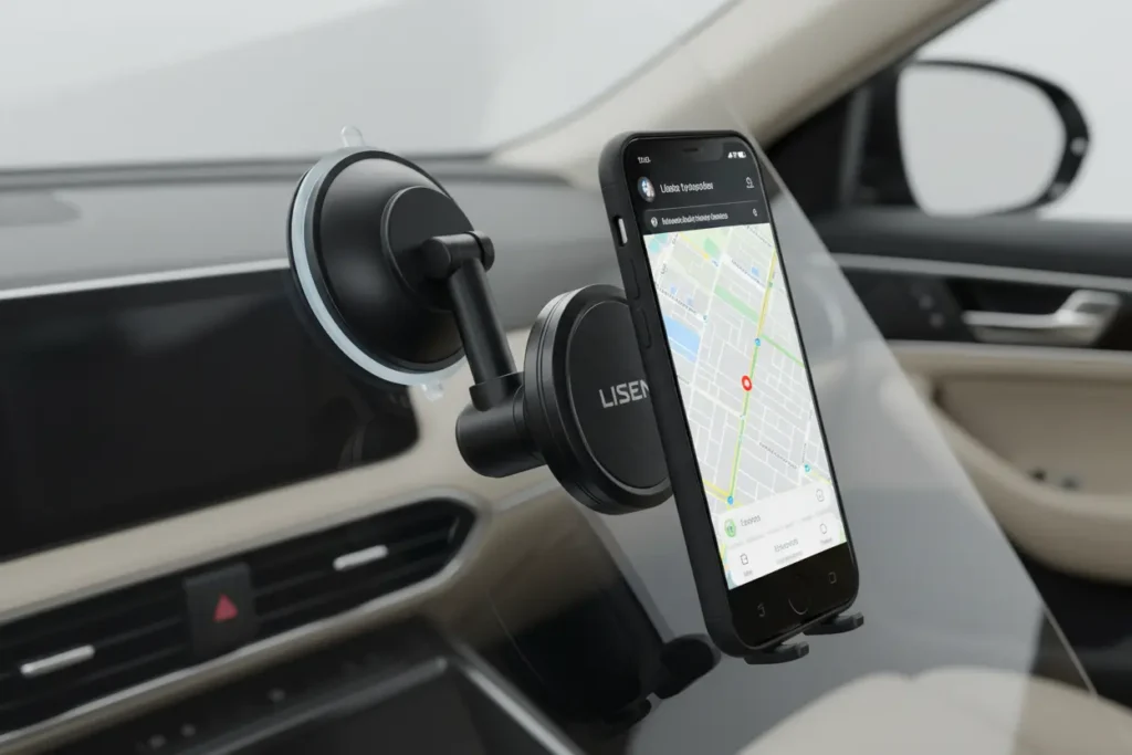 LISEN Magnetic Adjustable Car Phone Mount on windshield with phone.