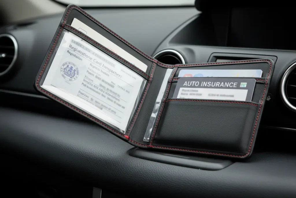 Registration and insurance card organizer on car dashboard