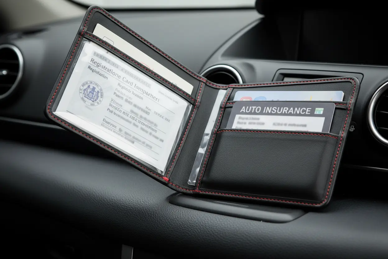 Registration and insurance card organizer on car dashboard