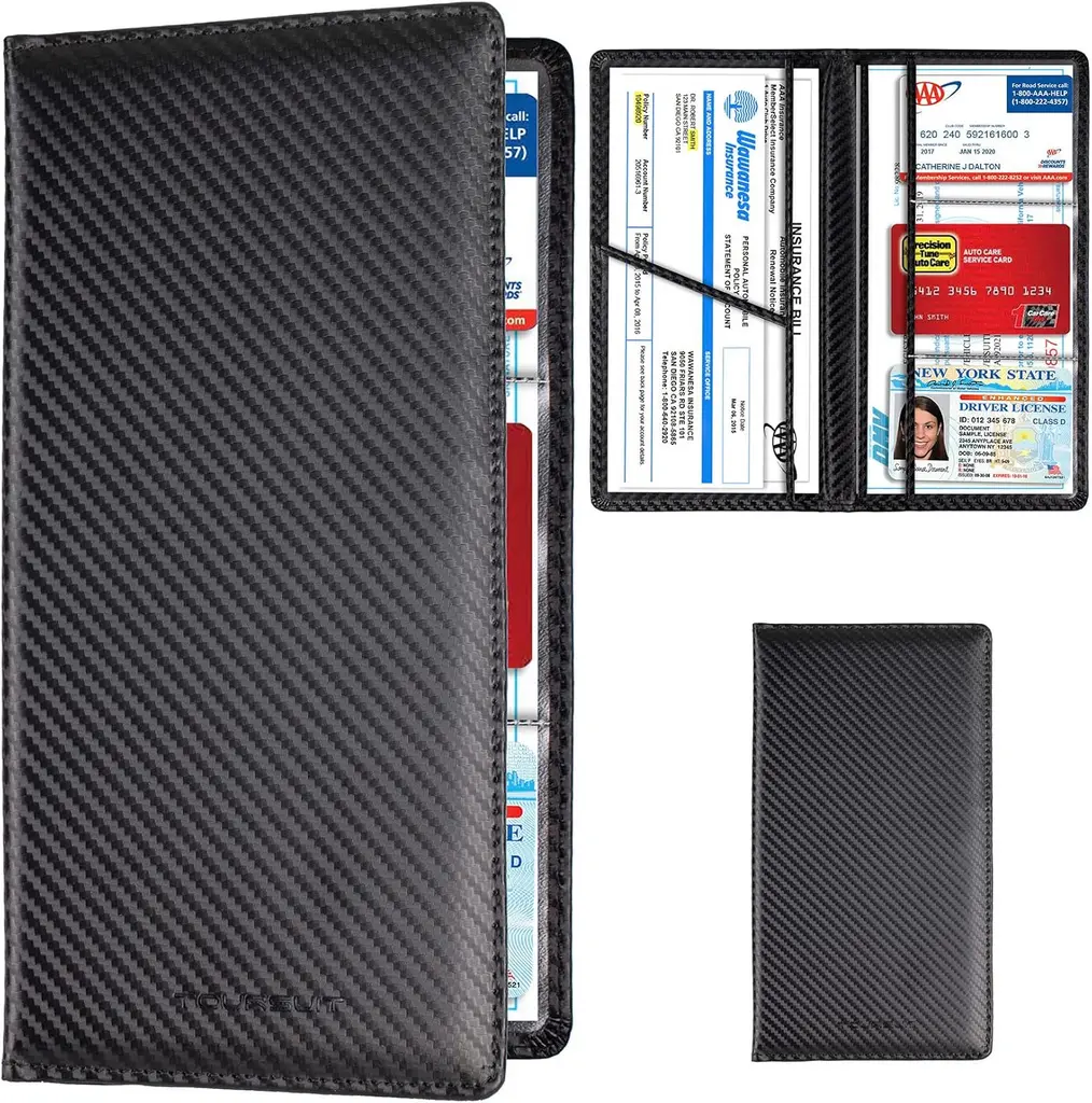 TOURSUIT Car Registration Holder in carbon fiber black inside a car glove box