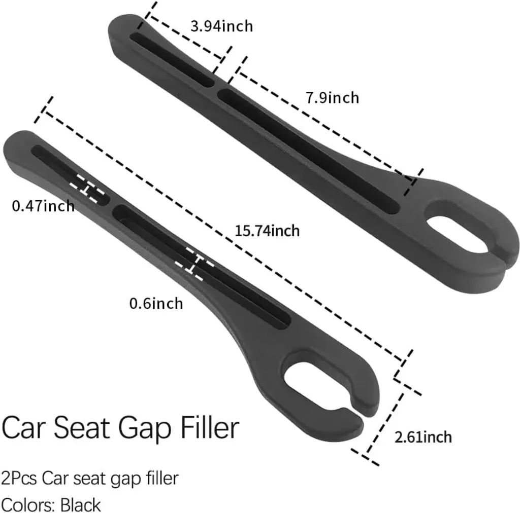Two black SSNNUU car seat gap fillers on a car dashboard