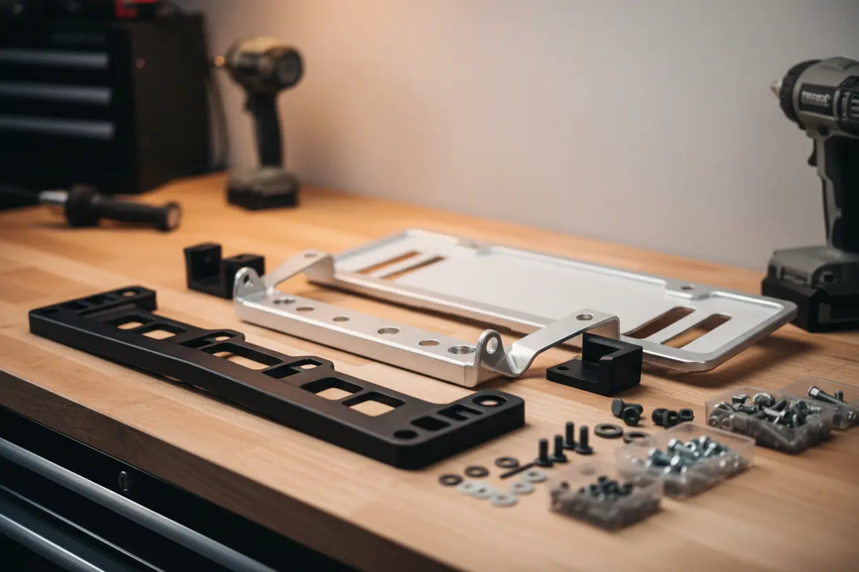 Close-up of universal car license plate brackets on a workbench.