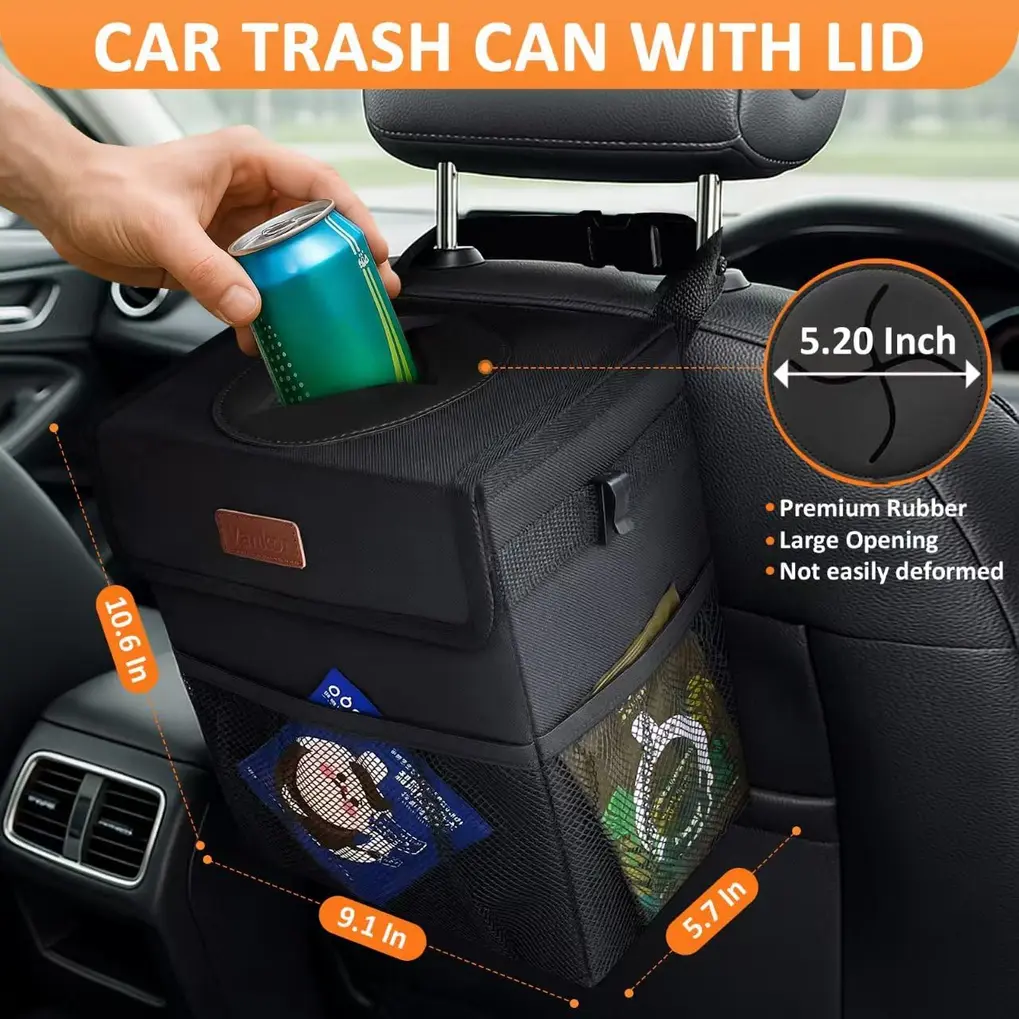 Vankor Car Trash Can on car floor with items in side pockets