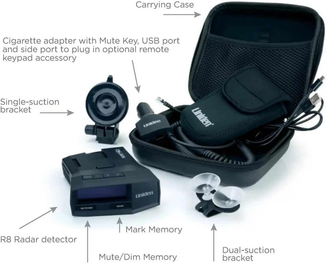 Close-up of Uniden R8 radar detector's dual antenna system