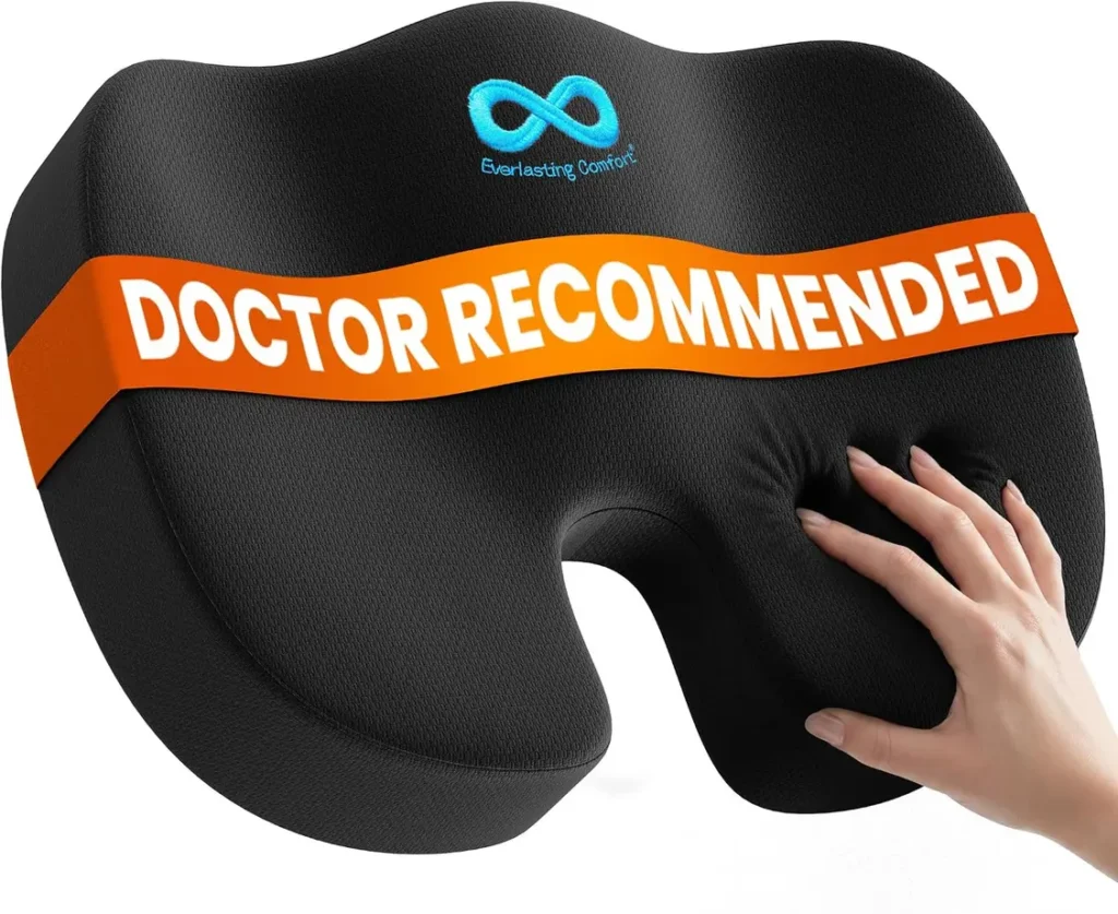 Everlasting Comfort Memory Foam Seat Cushion (Large) with U-shape cutout on an office chair