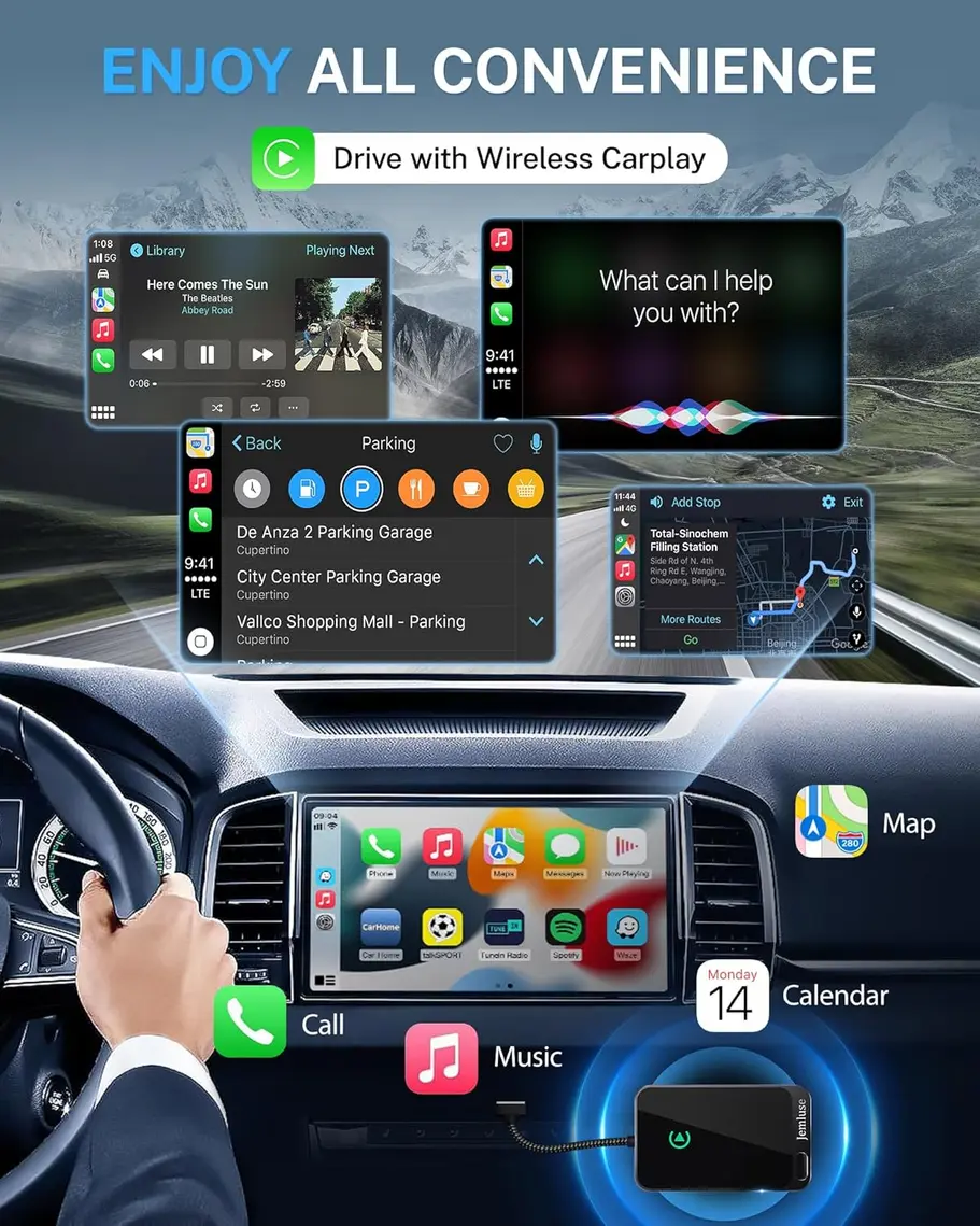Hand holding the compact Jemluse Wireless CarPlay Adapter, showcasing its aluminum alloy build