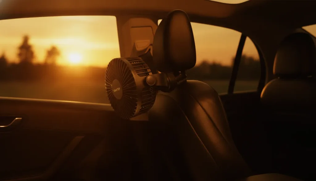 Gaiatop mini fan mounted on a car seat headrest against a warm golden sunset background.