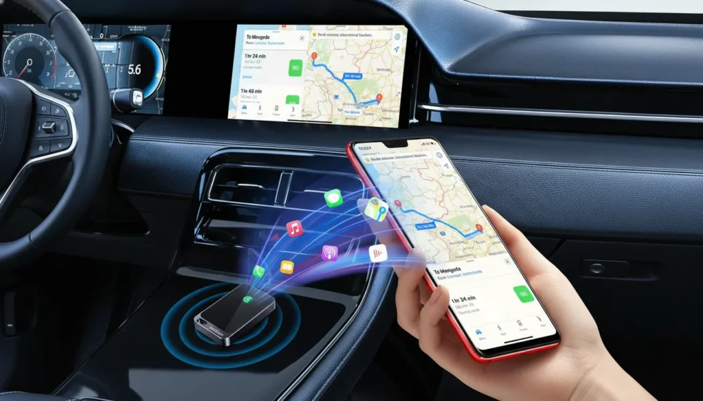 Adaptador sem fio no console do carro transmitindo ícones brilhantes para um smartphone com mapa.