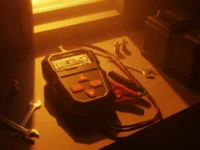 A Konnwei KW208 battery tester sits on a dark workshop table under a warm, golden cinematic light.