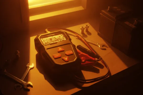 A Konnwei KW208 battery tester sits on a dark workshop table under a warm, golden cinematic light.