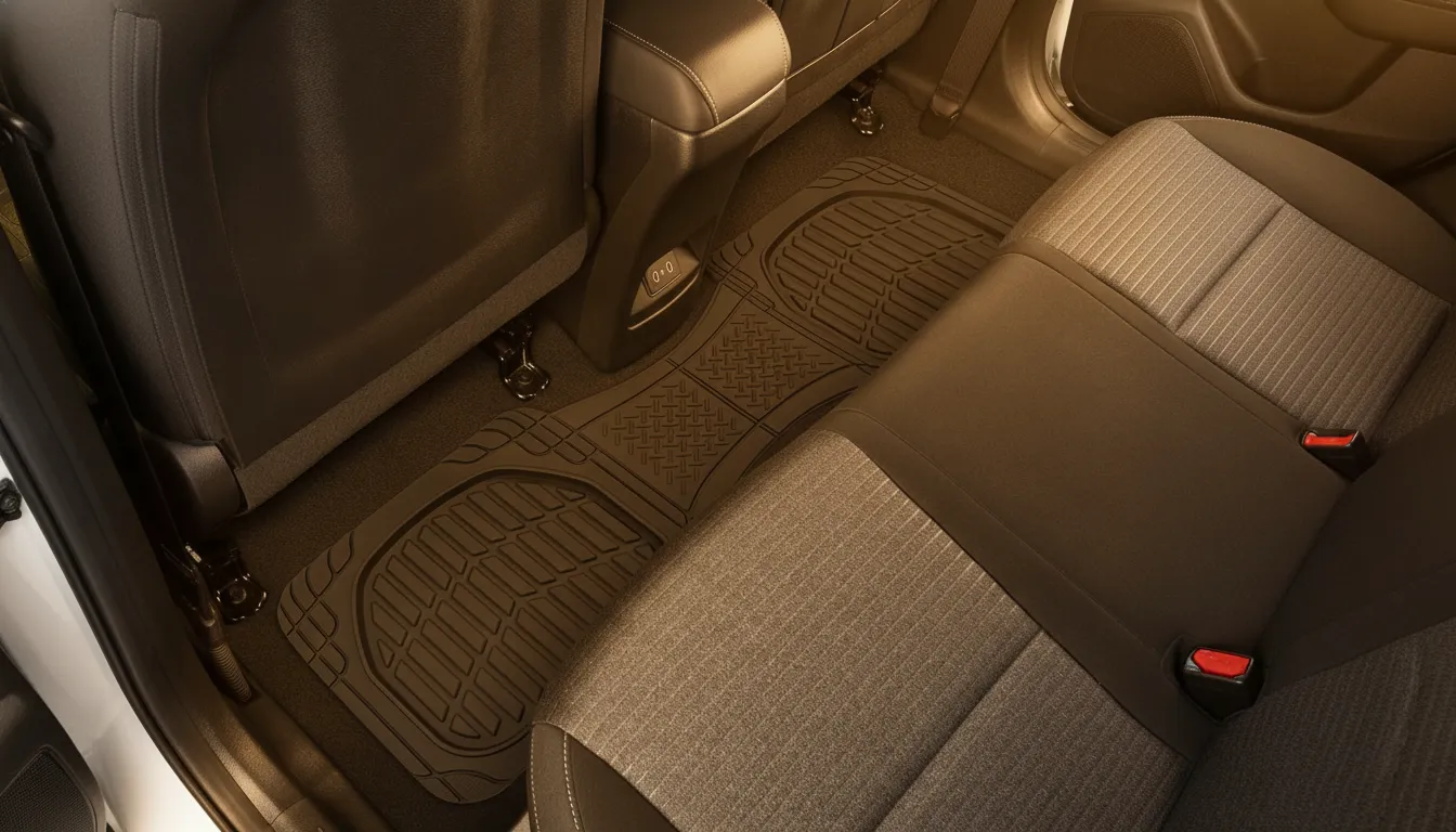 Heavy-duty black rubber floor mat installed in the backseat footwell of a modern car.