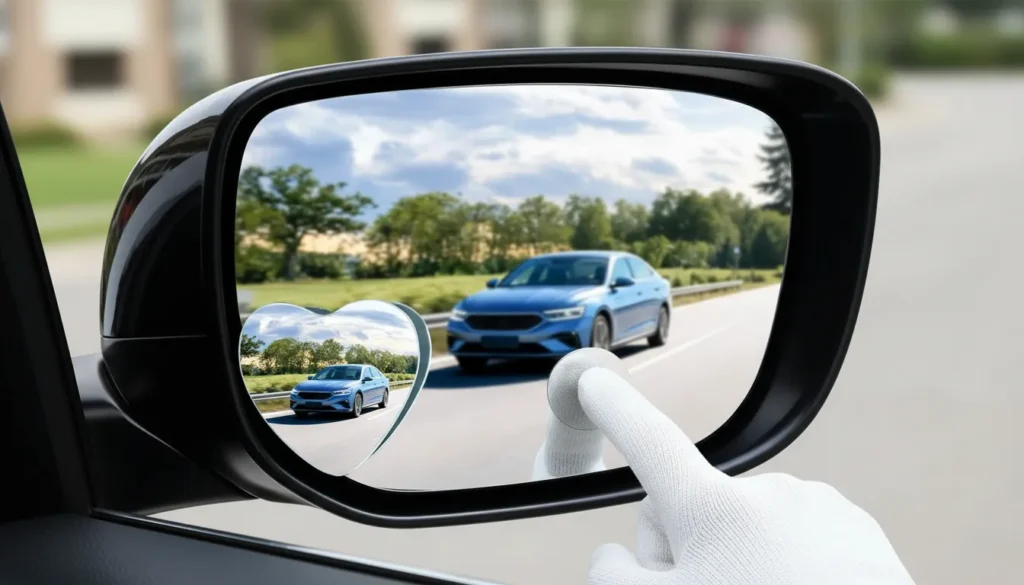 Espelho de ponto cego em formato de coração em um retrovisor refletindo um carro azul com mão instalando.