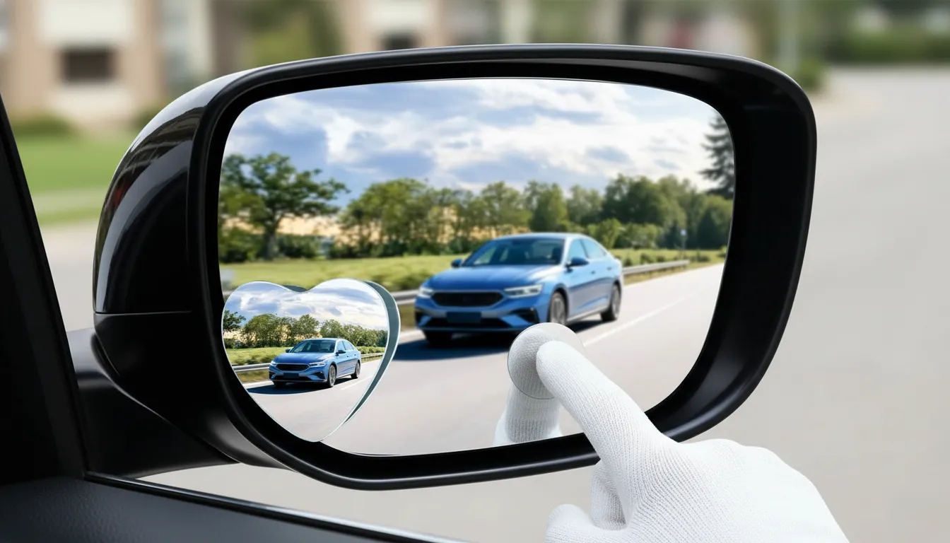 Espelho de ponto cego em formato de coração em um retrovisor refletindo um carro azul com mão instalando.