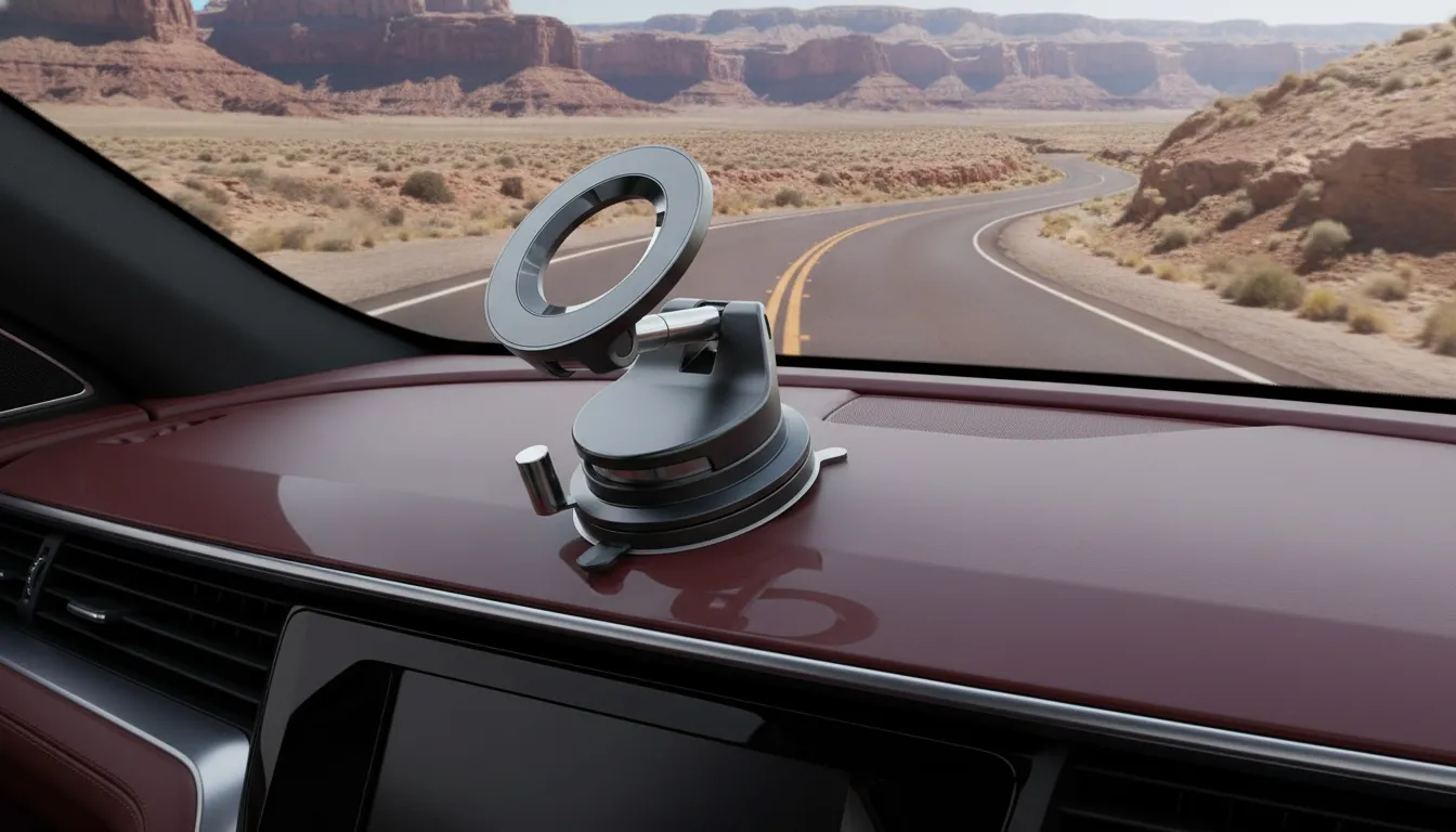 Suporte de celular LISEN circular no painel vermelho de um carro, de frente para uma estrada sinuosa no deserto.
