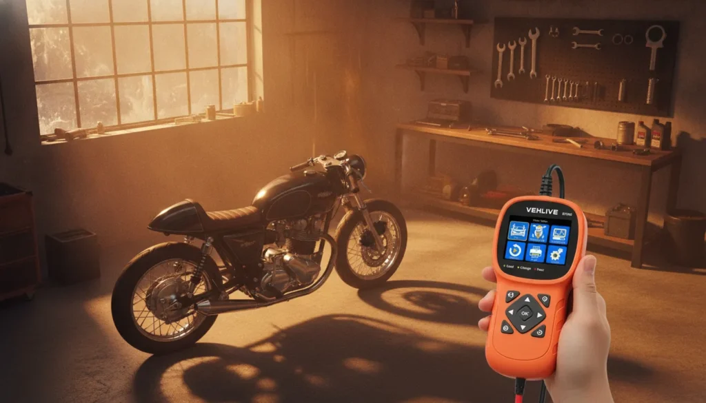 Testador de bateria laranja BT906 na mão, com moto clássica em oficina iluminada pelo sol ao fundo.