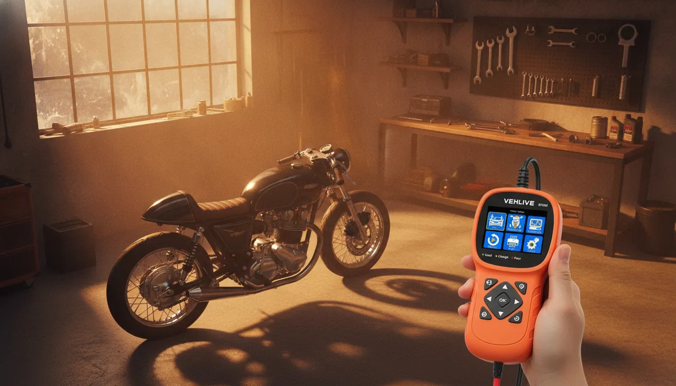Testador de bateria laranja BT906 na mão, com moto clássica em oficina iluminada pelo sol ao fundo.