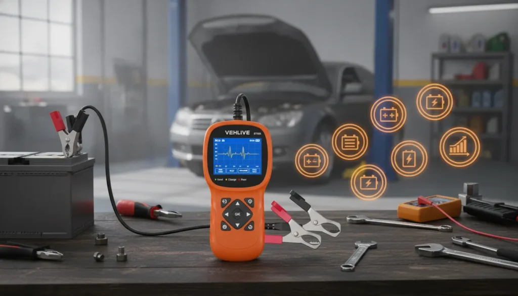 Testador de bateria BT906 laranja em uma bancada de oficina conectado a uma bateria com ícones flutuantes.