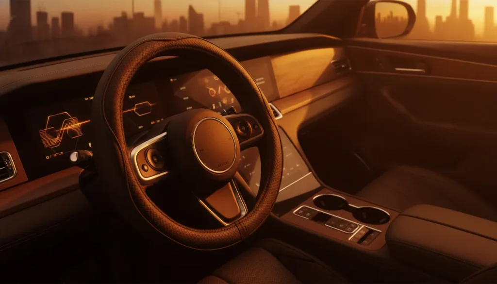 Textured Ouzorp steering wheel cover on a modern car wheel, bathed in warm sunset light.