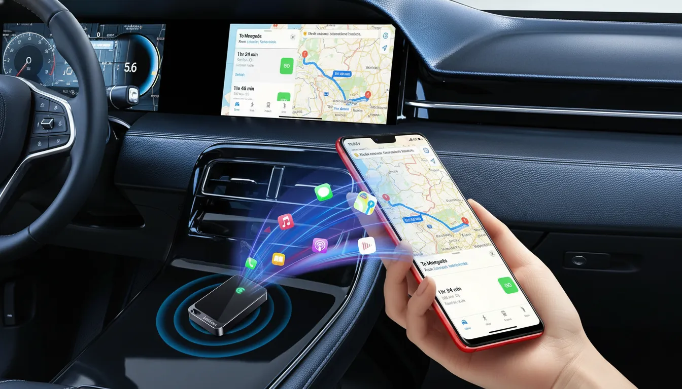 Adaptador sem fio no console do carro transmitindo ícones brilhantes para um smartphone com mapa.