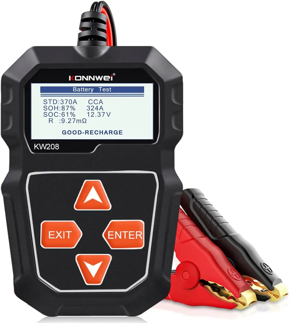 KONNWEI KW208 12V car battery tester with galvanized alloy battery clips on a workbench