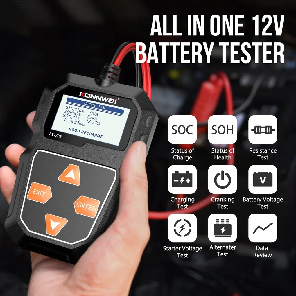 KONNWEI KW208 battery tester connected to a 12V car battery in an engine bay