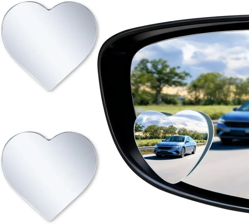 LivTee Blind Spot Mirrors (heart-shaped) installed on a car side mirror