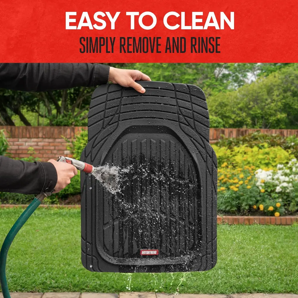 Motor Trend FlexTough Floor Mats with simulated mud and liquid in deep dish channels