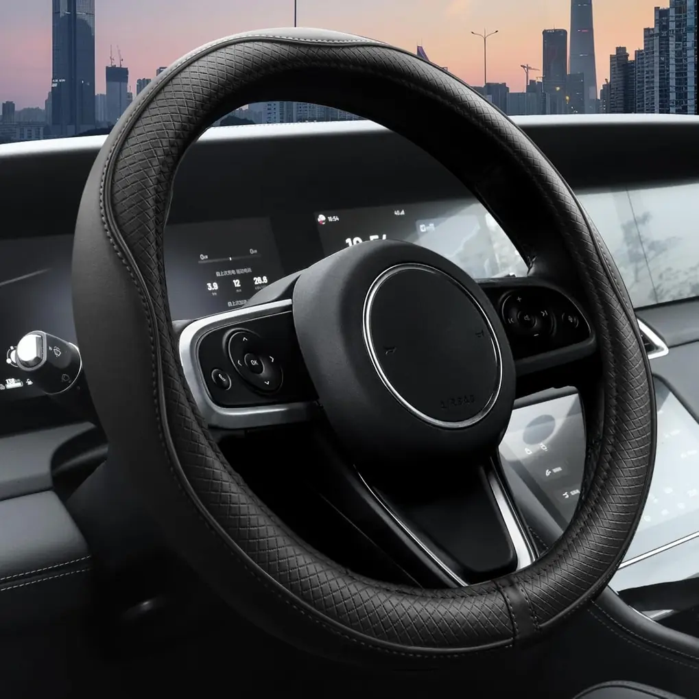 Ouzorp microfiber leather steering wheel cover installed on a 15-inch steering wheel