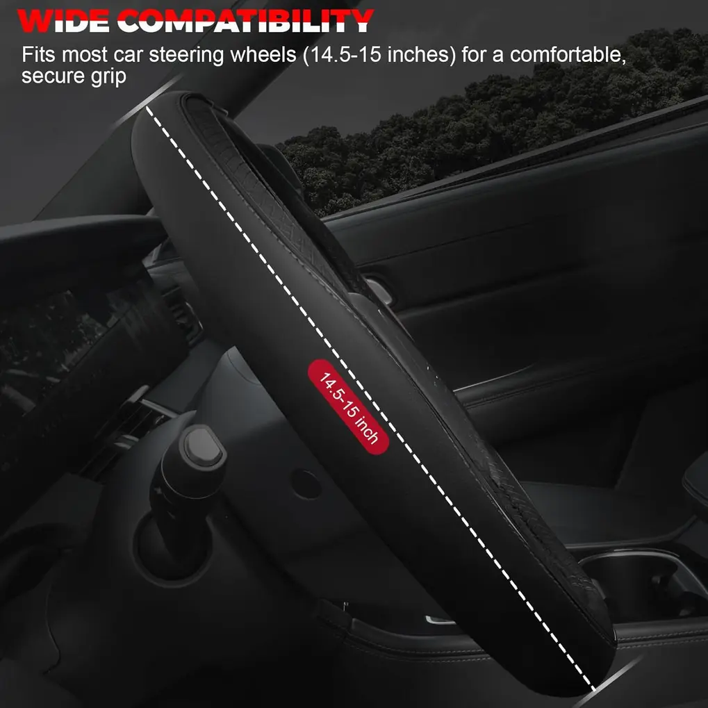 Ouzorp steering wheel cover showing microfiber leather outer surface and rubber inner lining