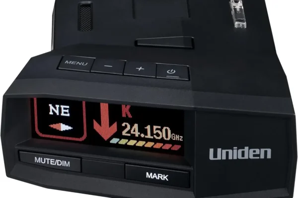 Uniden R8 radar detector mounted on a car windshield