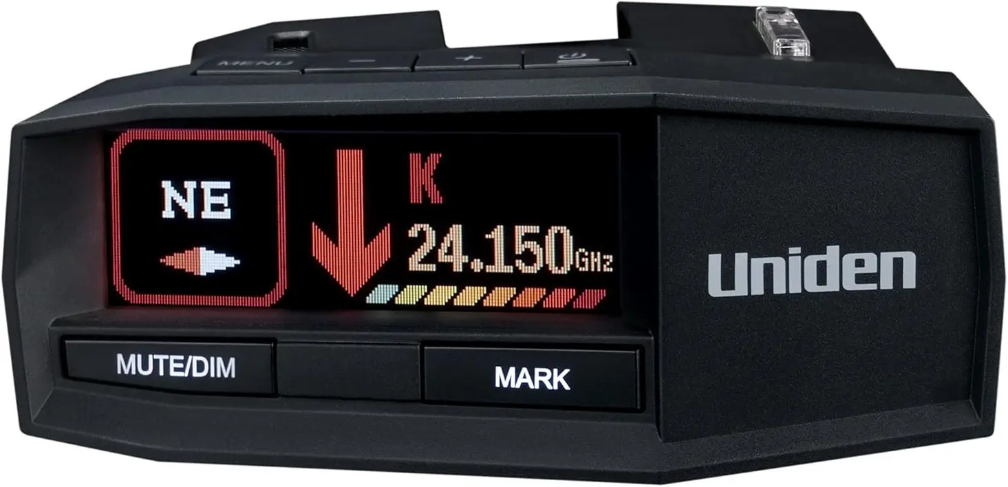 Uniden R8 radar detector with its accessories laid out