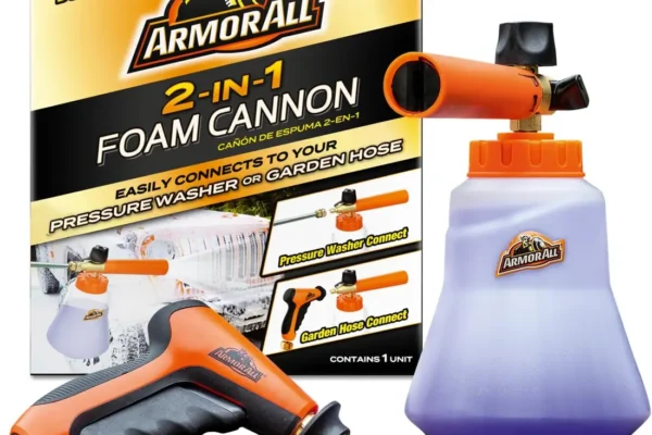 Armor All 2-in-1 Foam Cannon Kit attached to a garden hose, producing thick foam on a car