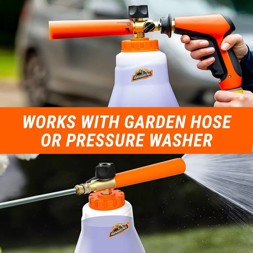 Armor All 2-in-1 Foam Cannon Kit connected to a pressure washer, spraying dense foam onto an SUV