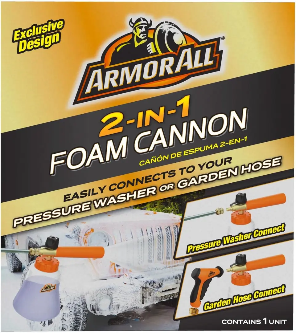 Close-up of Armor All 2-in-1 Foam Cannon showing non-slip grip and measurement lines