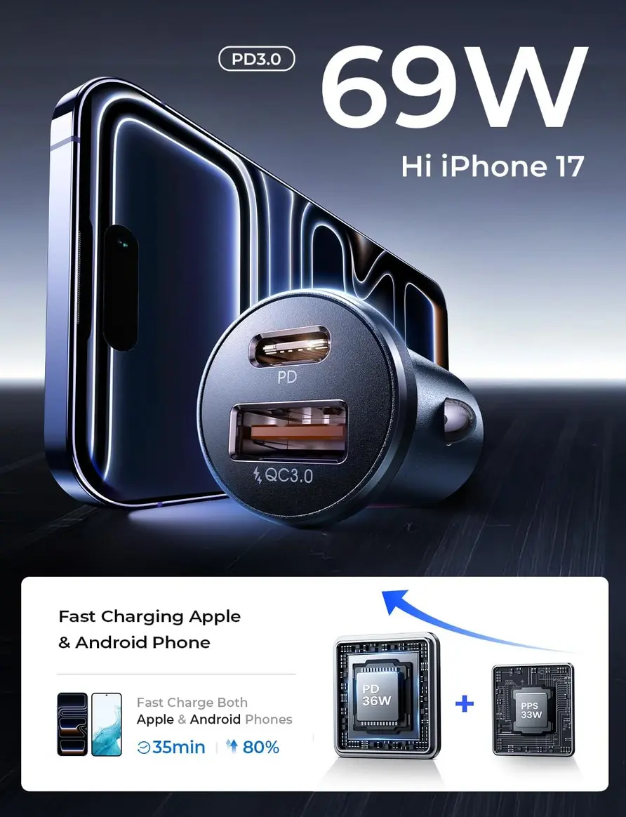 Close-up of the LISEN Car Charger USB C's all-aluminum shell