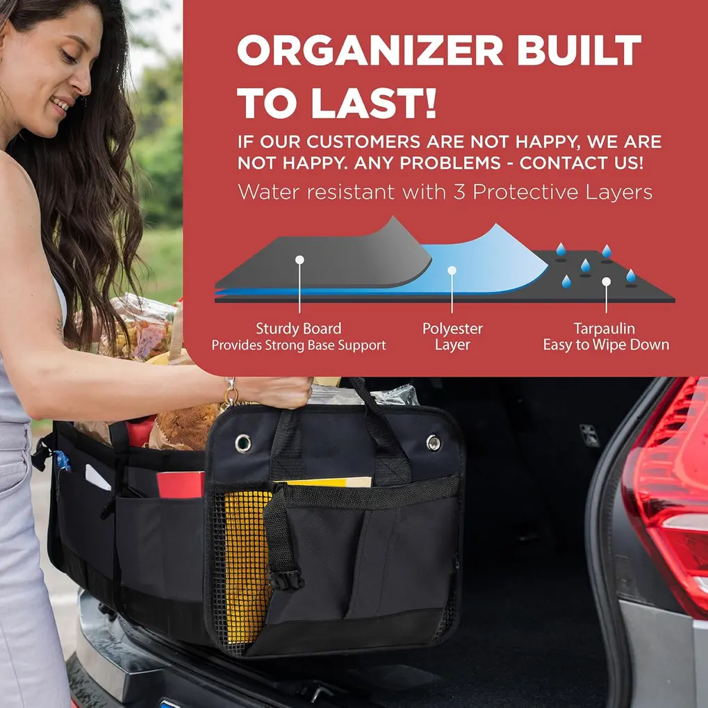 Close-up of TRUNKCRATEPRO Trunk Organizer's Oxford polyester material and reinforced stitching
