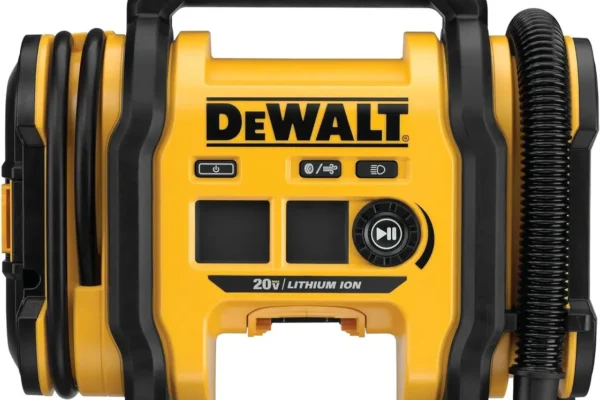 DEWALT DCC020IB Tire Inflator displaying its digital gauge and threaded chuck