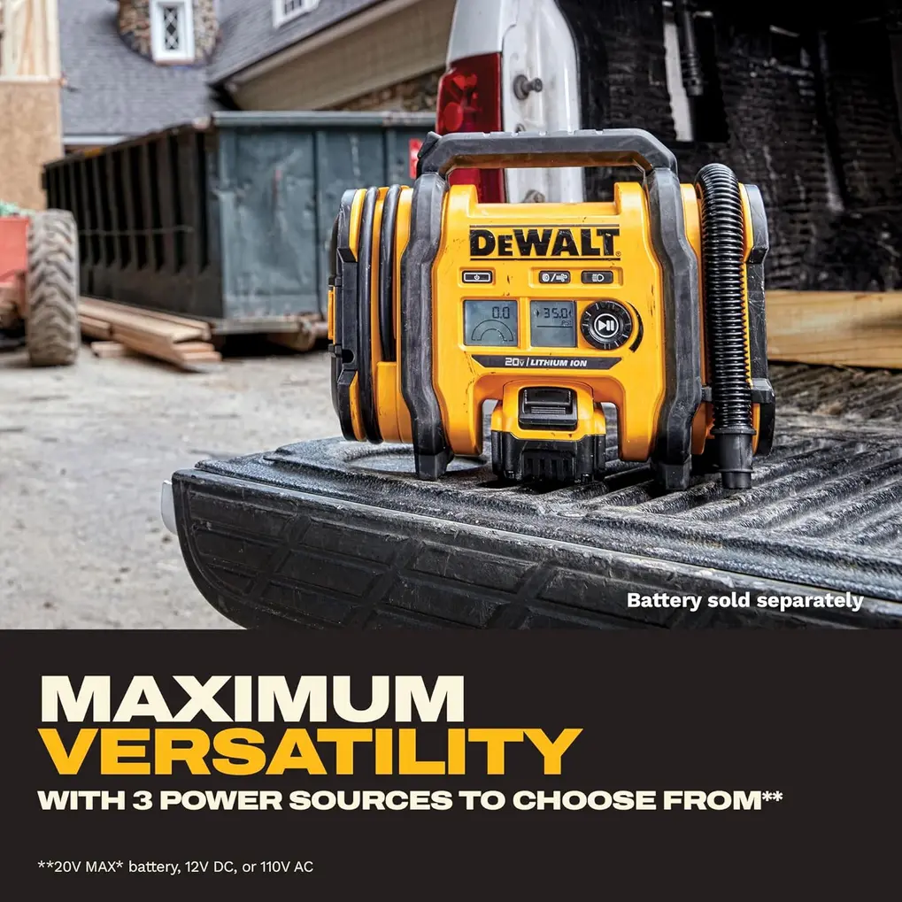 DEWALT DCC020IB Tire Inflator showcasing its multiple power source options: 20V battery, 12V DC, and 110V AC cords