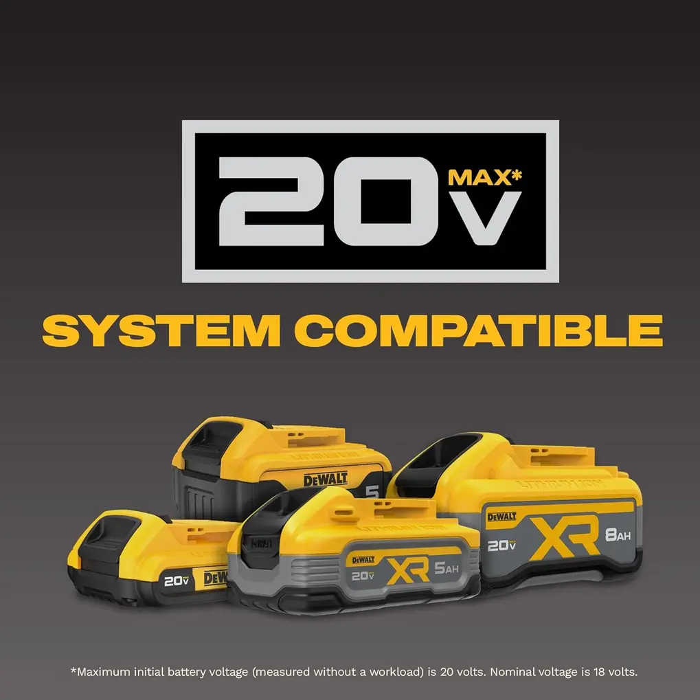 DEWALT DCC020IB Tire Inflator with its onboard accessory storage compartment open, showing the included nozzles and adapters