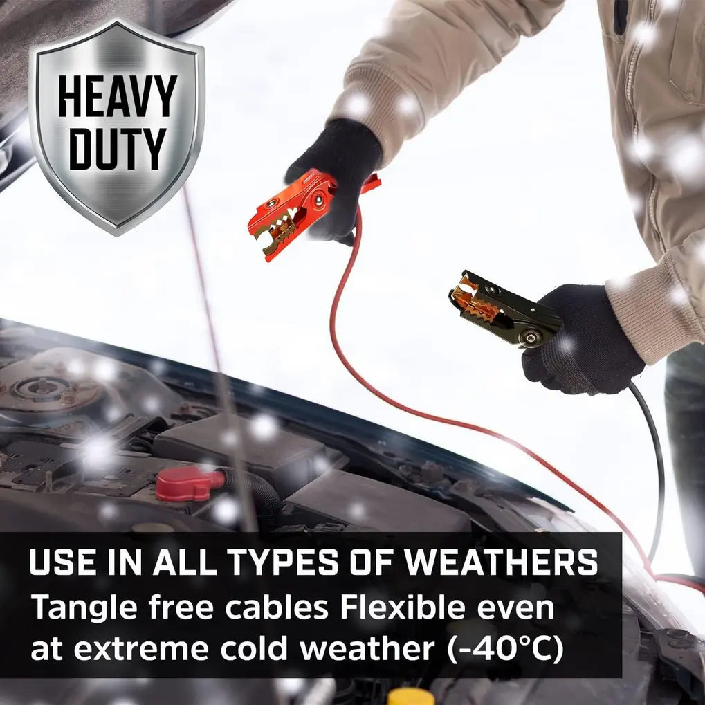 Energizer Jumper Cable clamps securely attached to a car battery terminal