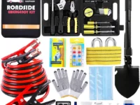 HAIPHAIK Car Emergency Kit with all tools, jumper cables, and shovel displayed in its open carrying case