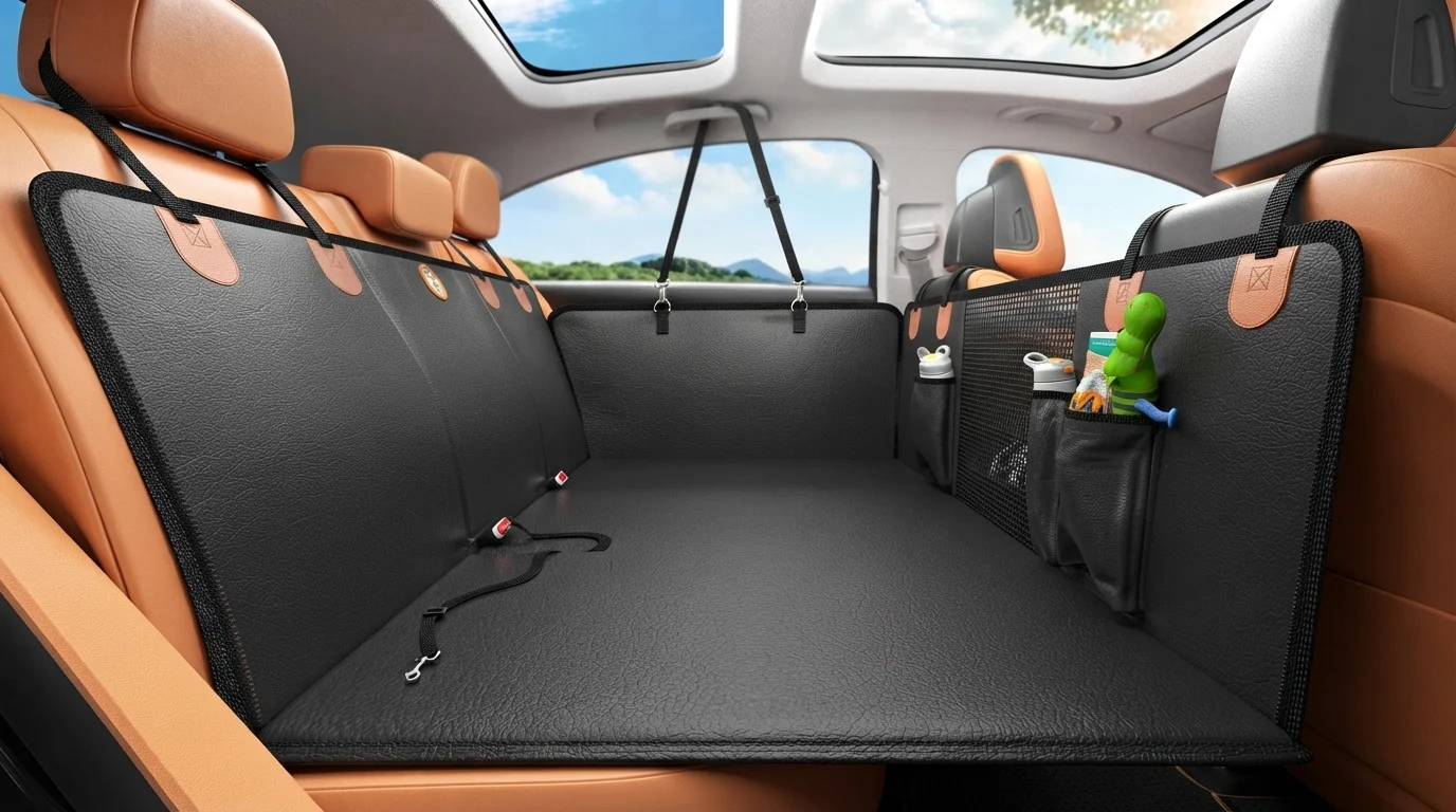 MYJAQI Back Seat Extender for Dog installed in a car with a luxury interior.