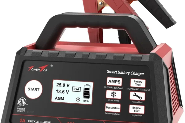 TowerTop 12V Smart Car Battery Charger connected to a car battery under the hood