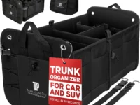 TRUNKCRATEPRO Trunk Organizer fully expanded in a car trunk, filled with groceries