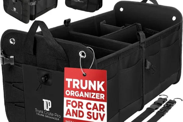 TRUNKCRATEPRO Trunk Organizer fully expanded in a car trunk, filled with groceries