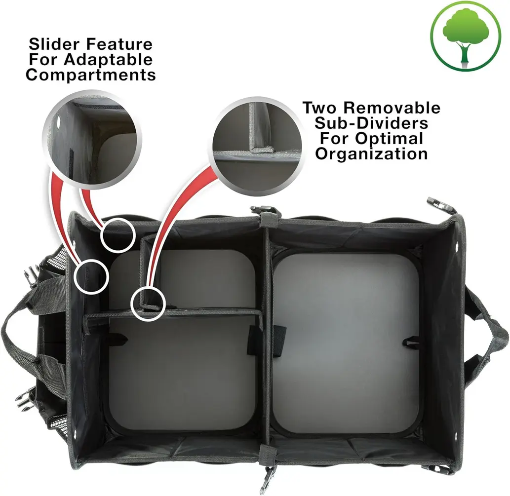 TRUNKCRATEPRO Trunk Organizer in folded, half-length, and fully expanded configurations