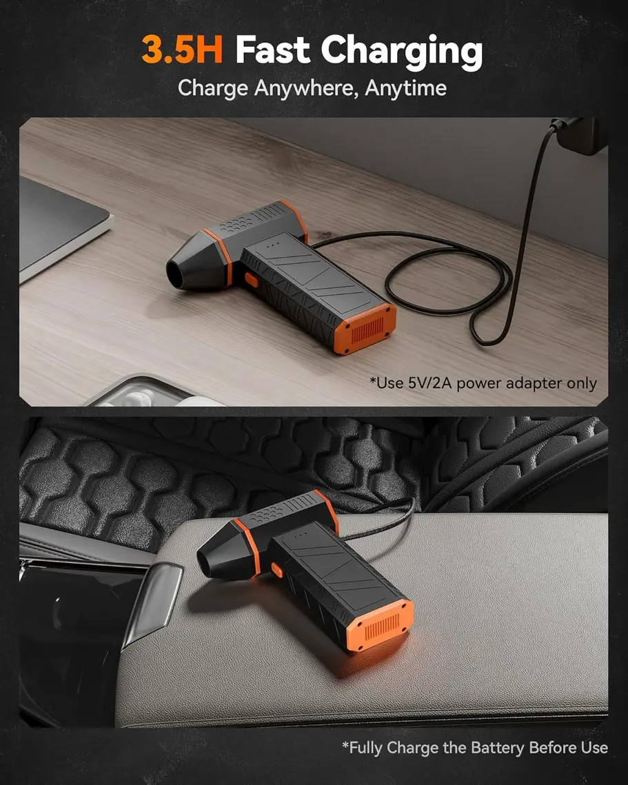 WOLFBOX MegaFlow 50 electric air duster charging next to a keyboard